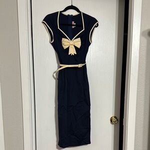PUG S Bow Navy Dress with Cream Accents